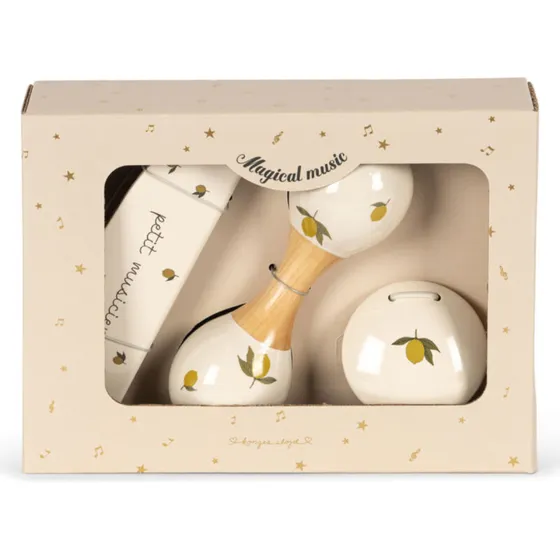 Konges Sløjd Træ Musiksæt – harmonika, maracas & kastagnet (Lemon)