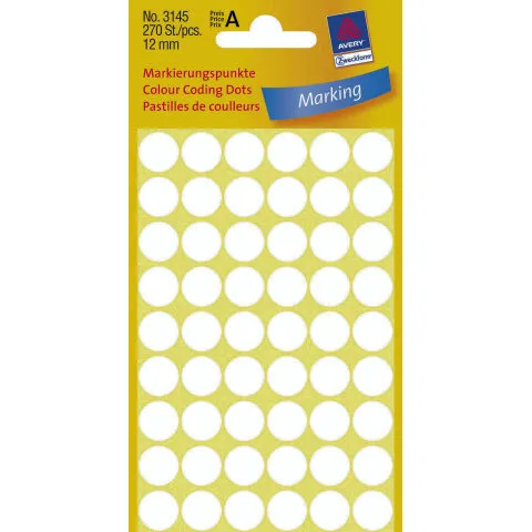 Avery etiketter Ø12 mm hvid, 270 stk