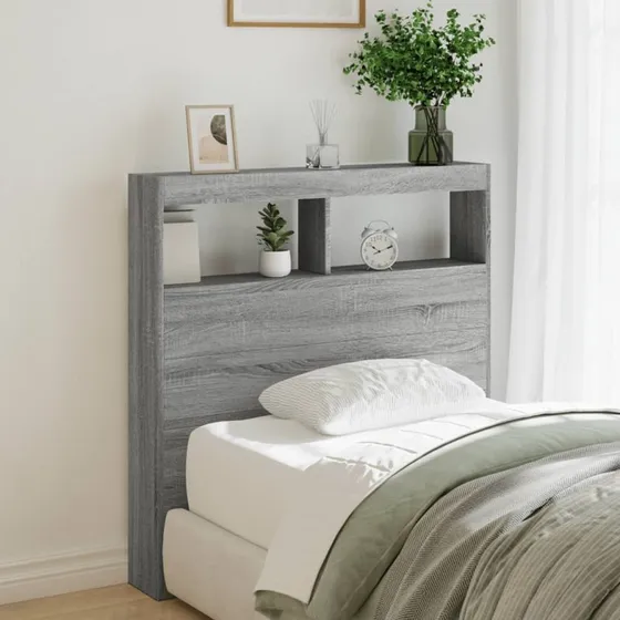 vidaXL sengegavl m. opbevaring & RGB-LED 100x17x102 cm grå sonoma-eg