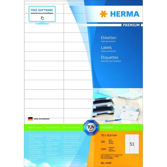 Herma Premium etiketter 70 x 16,9 mm - Hvid, 5100 stk