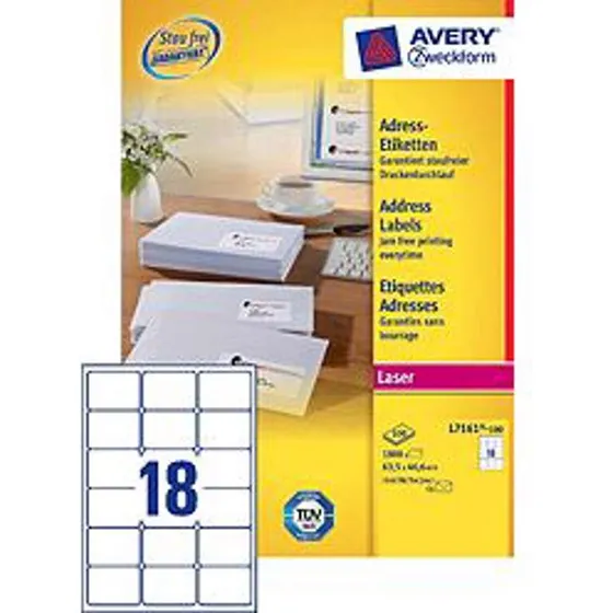 Avery L7161 hvide laseretiketter 63,5x46,6 mm, 18/ark (100 ark)