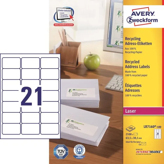 Avery LR7160 Laserlabels 21 pr. ark 63,5×38,1 mm – 100 ark