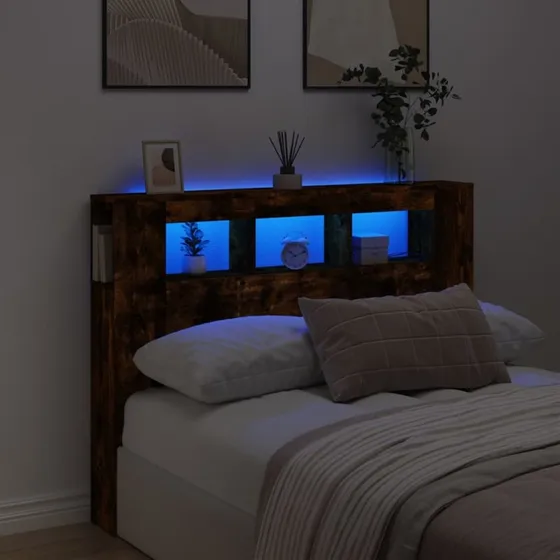 vidaXL sengegavl 140x18,5x103,5 cm med RGB LED, røget eg