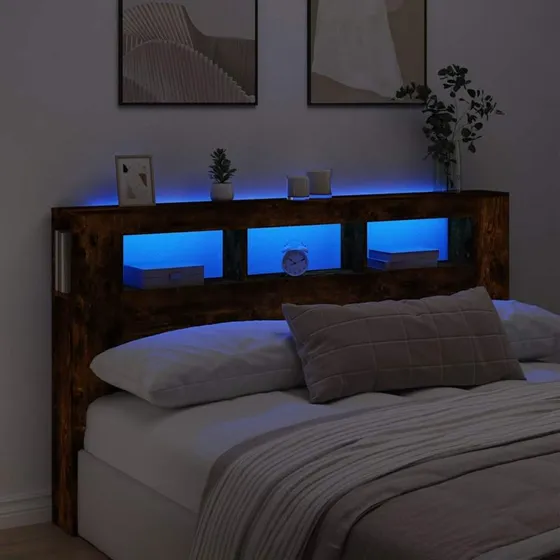 vidaXL sengegavl 180x18,5x103,5 cm med LED, røget eg