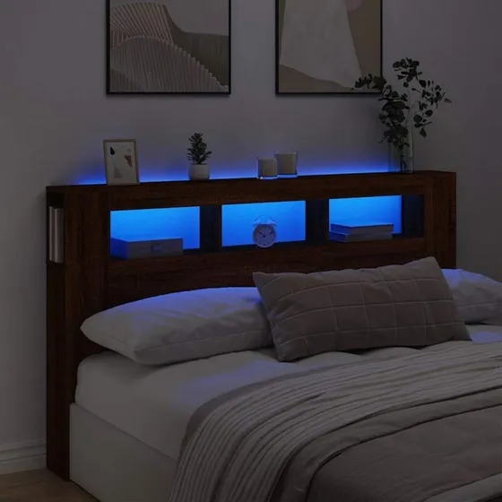 vidaXL sengegavl 180x18,5x103,5 cm med RGB-LED, brun eg