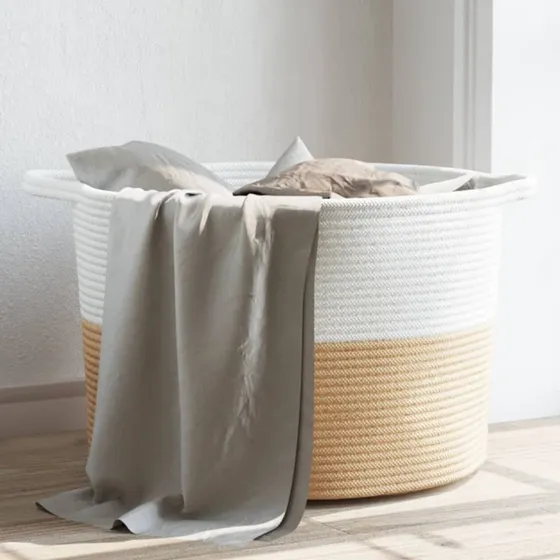 vidaXL vasketøjskurv Ø55x36 cm i vævet bomuld, beige/hvid