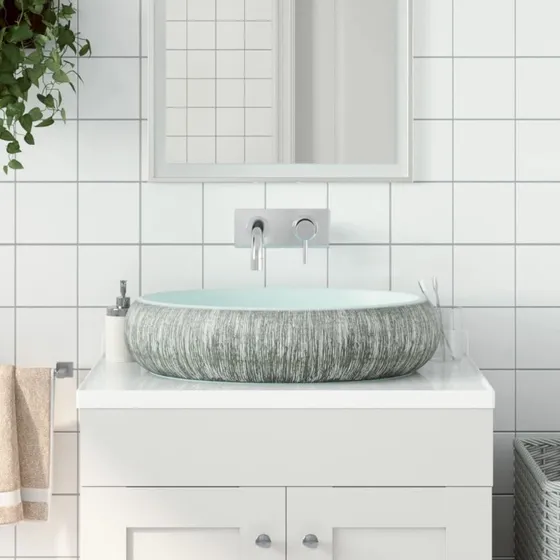 vidaXL håndvask til bordplade 59x40x15 cm oval keramik grå/blå