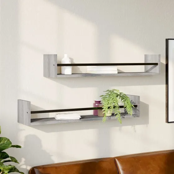 vidaXL væghylder med stænger 2 stk. 80x16x14 cm grå sonoma-eg