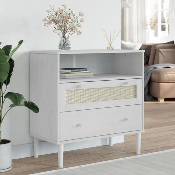 vidaXL Skænk SENJA 80x40x80 cm rattan-look massivt fyrretræ hvid