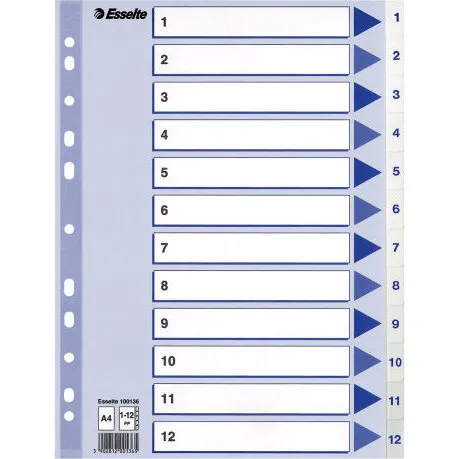 Esselte Register PP A4 1-12 hvid - forstærket hulkant