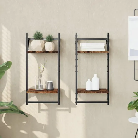vidaXL væghylder 2 stk. med stænger og 2 hylder 30x25x65 cm, røget eg