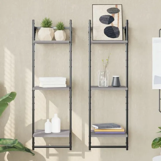vidaXL væghylder 2 stk. m. stænger og 3 hylder 30x25x65 cm grå sonoma