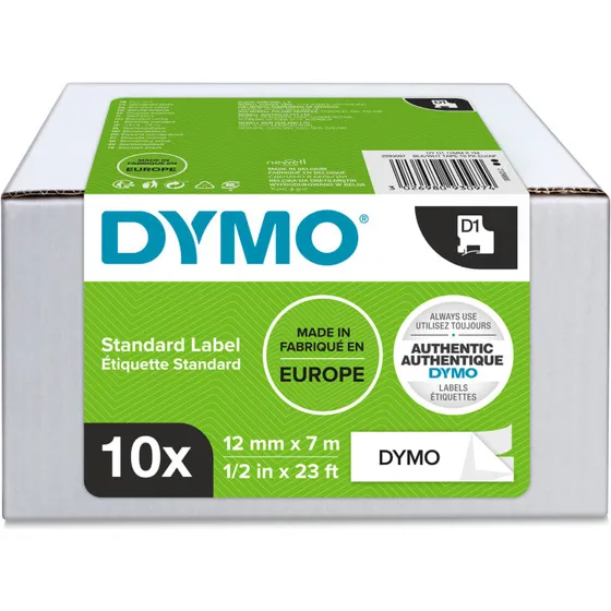 DYMO D1 etikettape 12 mm sort på hvid – 10 ruller