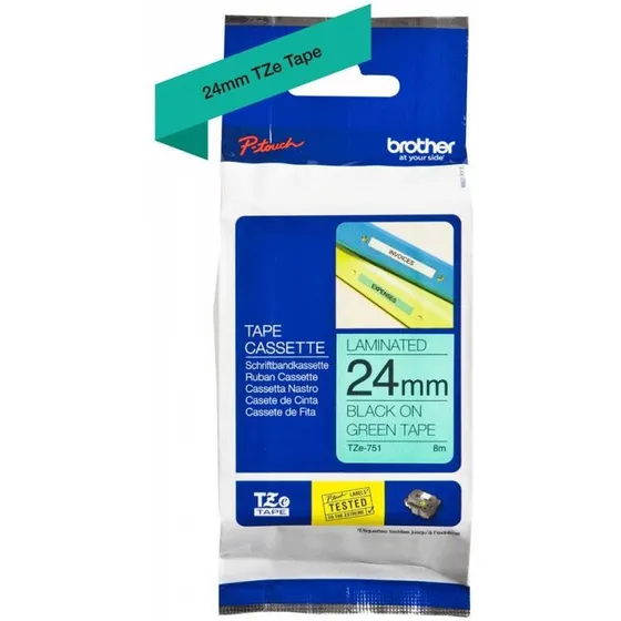 Brother TZe-751 24mm lamineret tape — sort på grøn (8m)