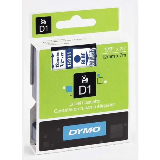 DYMO D1 45011 12 mm blå på klar labeltape