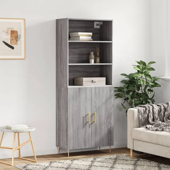 vidaXL Højskab 69,5x34x180 cm konstrueret træ grå Sonoma-eg, 2 låger
