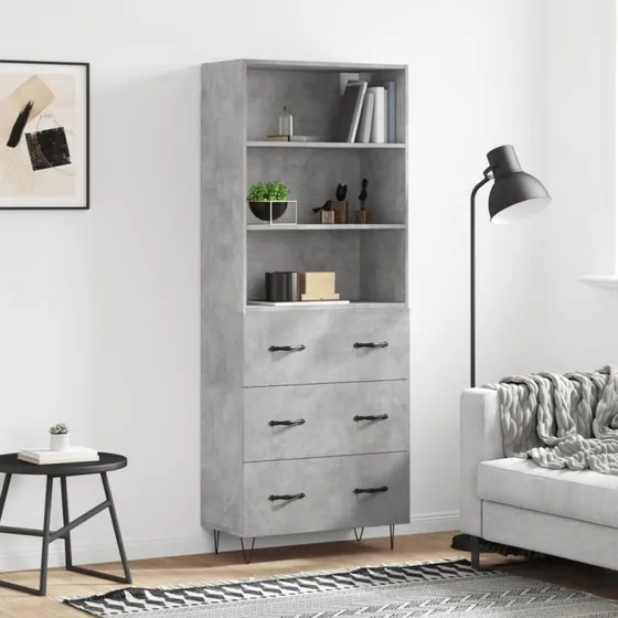 vidaXL højskab 69,5x34x180 cm konstrueret træ betongrå, 3 skuffer