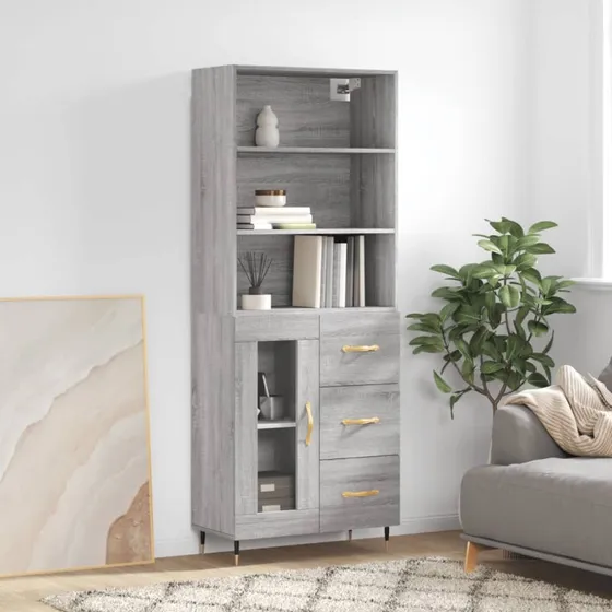vidaXL Højskab 69,5x34x180 cm Grå Sonoma-eg 1 glaslåge 3 skuffer