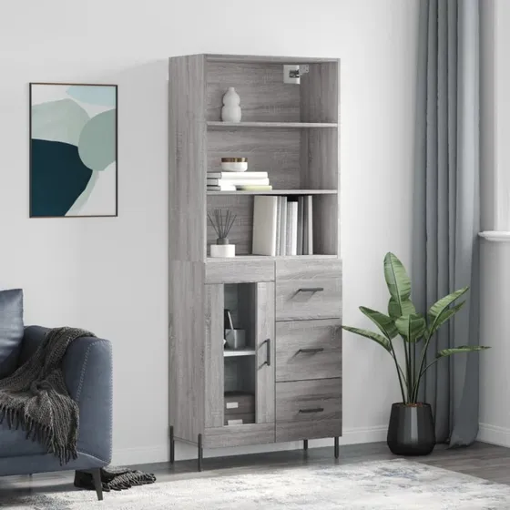 vidaXL Højskab 69,5x34x180 cm Grå Sonoma-eg, 1 glaslåge 3 skuffer