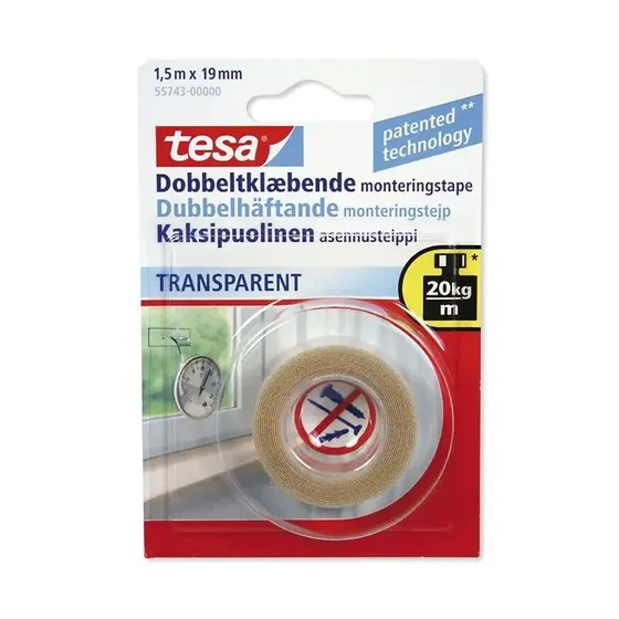 Tesa Dobbeltklbende Tape 55743 1,5m x 19mm Transparent