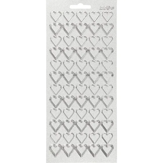 Hjerte klistermærker i sølv, ark 10x23 cm