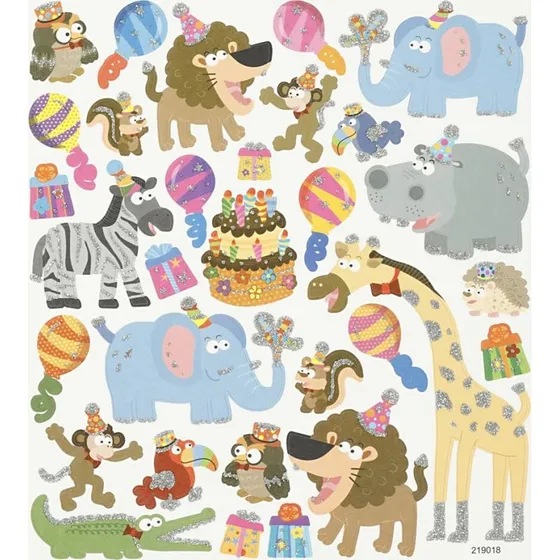 Klistermærker til børn – Dyrenes fødselsdag (ark 15×16,5 cm)