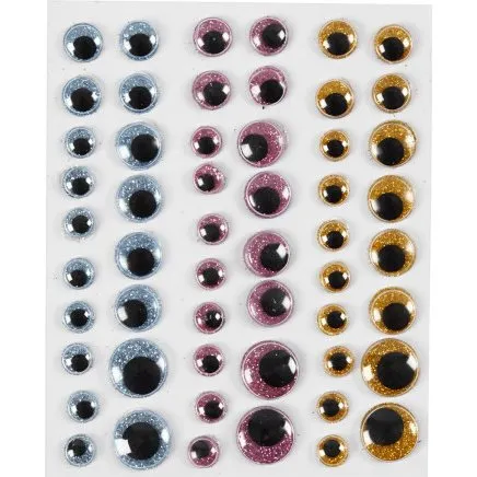 Rulleøjne 8/10/12/15 mm, lyseblå/guld/lys rød, 54 stk.