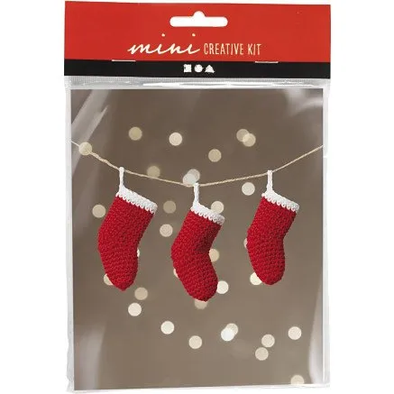 Mini DIY Kit Hækling – Julesokker rød/hvid (1 pk)