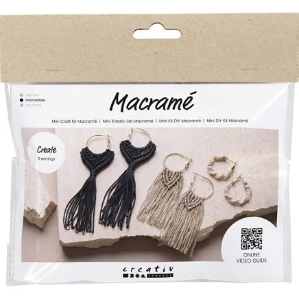 Mini DIY Kit Macramé – 3 par øreringe, sort/olivenbrun/sand