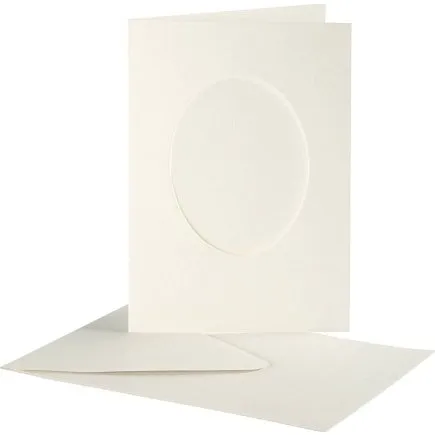 Passepartoutkort med kuvert, oval 10,5x15 cm, rhvid  10 st