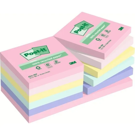 3M Post-it Recycled 76x76 mm - 4 farver, 100 blade, 12 stk.
