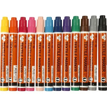 Tekstiltusch 2–4 mm, 12 stk. assorterede farver