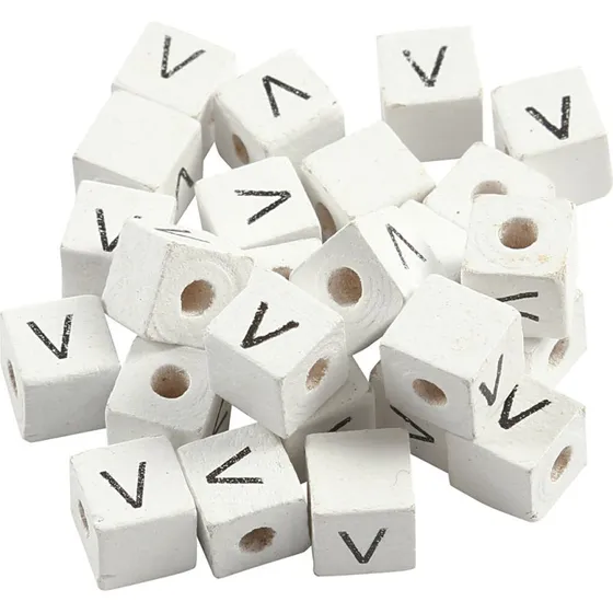 Bogstavperler Træ V 8x8 mm Hul 3 mm Hvid 25 stk