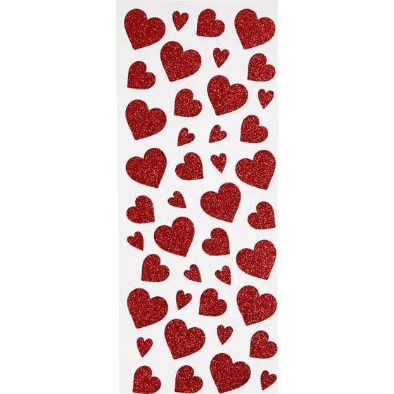 Hjerte-klistermrker med glimmer, rd - 2 ark (ca. 84 stk)