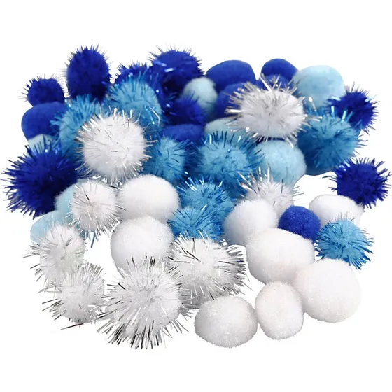 HobbyPompon Pomponer Ø15+20 mm 48 stk - Lyseblå/Mørkeblå/Hvid