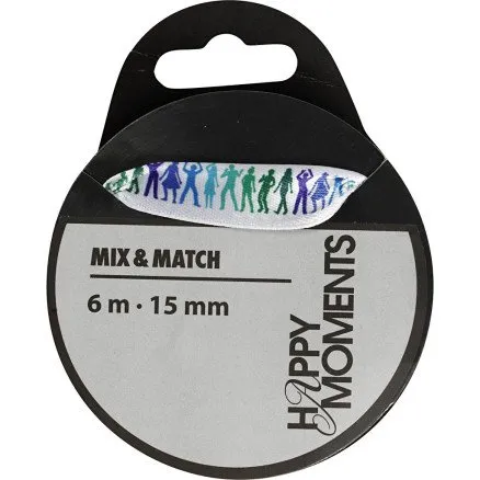 Satinbånd med print 15 mm lyseblå, 6 m