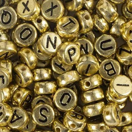 Bogstavperler Ø7 mm hul 1,2 mm, guld - 21 g (1 pk)