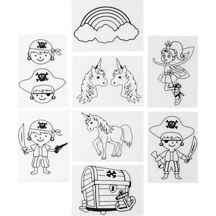Krympeplast motiver 10,5x14,5 cm 36 ark - pirater & enhjrning