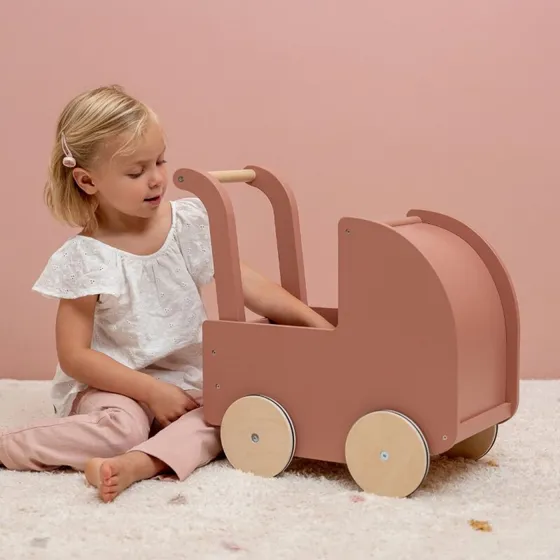 Little Dutch dukkevogn i træ inkl. vendbart sengetøj - rosa