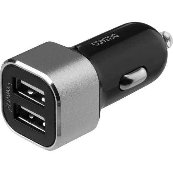 DELTACO biloplader 2x USB-A 2,4A 17W, sort/slv