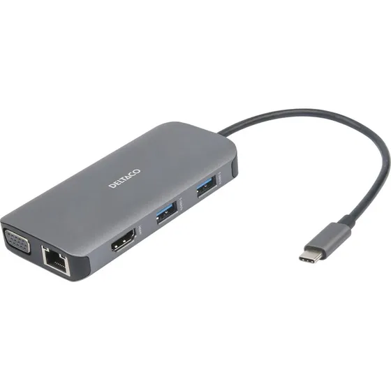 Deltaco USB-C Dockingstation Dual - HDMI, VGA, RJ45, SD, 3x USB-A