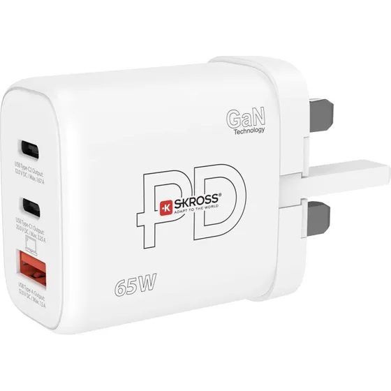 SKROSS Power Charger 65W GaN UK 2xUSB‑C + 1xUSB‑A