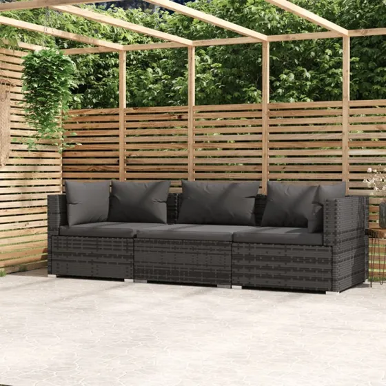 vidaXL 3-personers sofa i polyrattan med hynder, grå