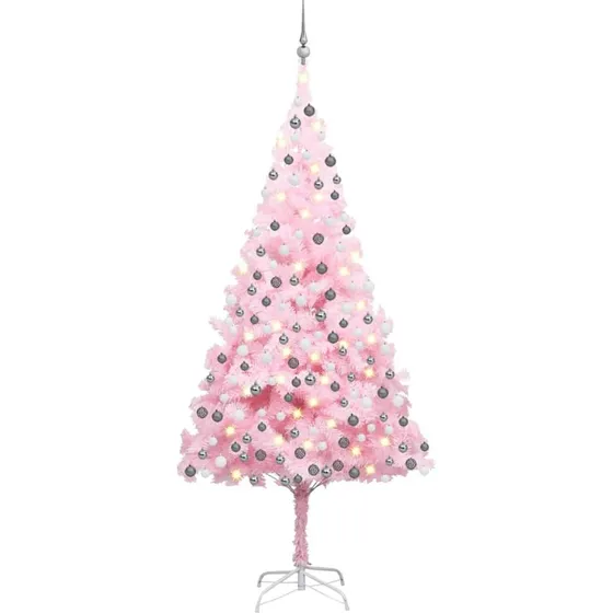 vidaXL kunstigt juletræ 210 cm med LED-lys og kugler, lyserød