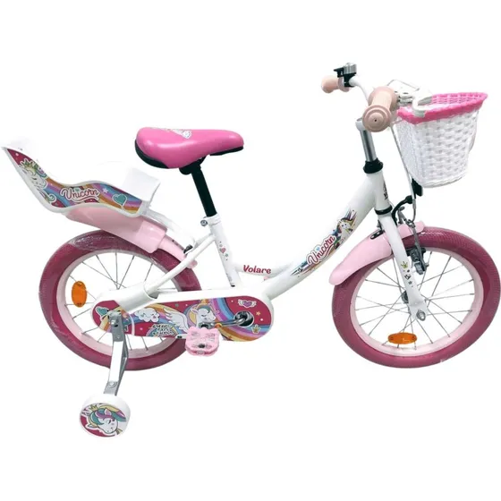 Volare Unicorn 16" Børnecykel – Hvid (aftagelige støttehjul, kurv)