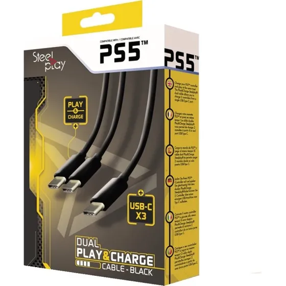 Steelplay Dual Play & Charge-kabel til PS5-controllere, 3 m, sort