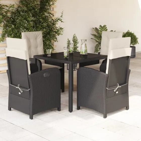 vidaXL polyrattan spisebordssæt 5 dele med hynder, sort