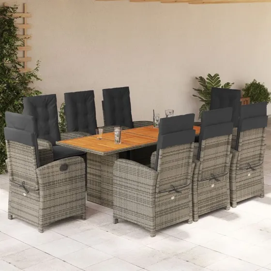 vidaXL havespisebordssæt 9 dele i grå polyrattan