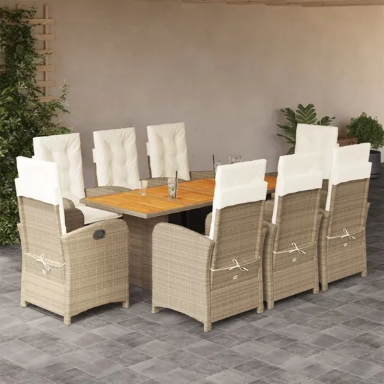 vidaXL spisebordssæt til haven 9 dele med hynder, polyrattan beige