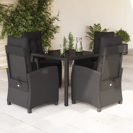 vidaXL spisebordssæt 5 dele polyrattan sort med hynder